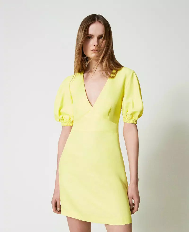 Short linen blend dress with balloon sleeves