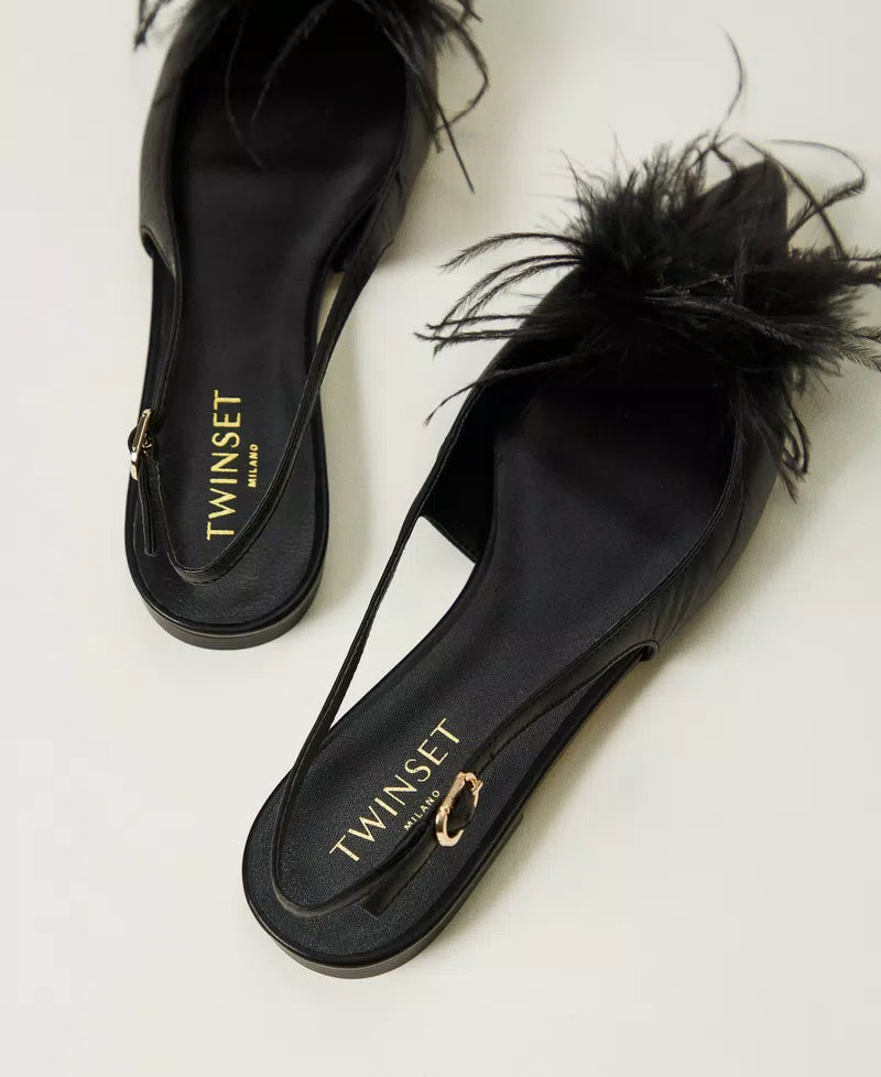 Leather Ballerina Shoes With Feathers