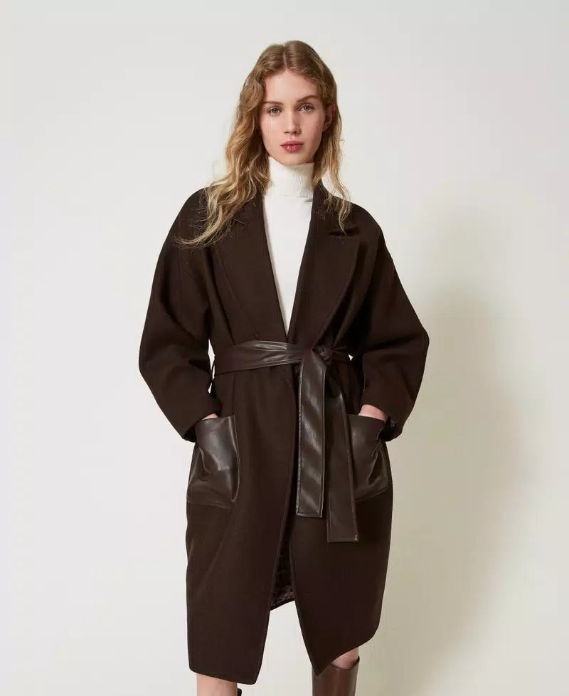 Wool Blend Coat with Leather-Like Pockets