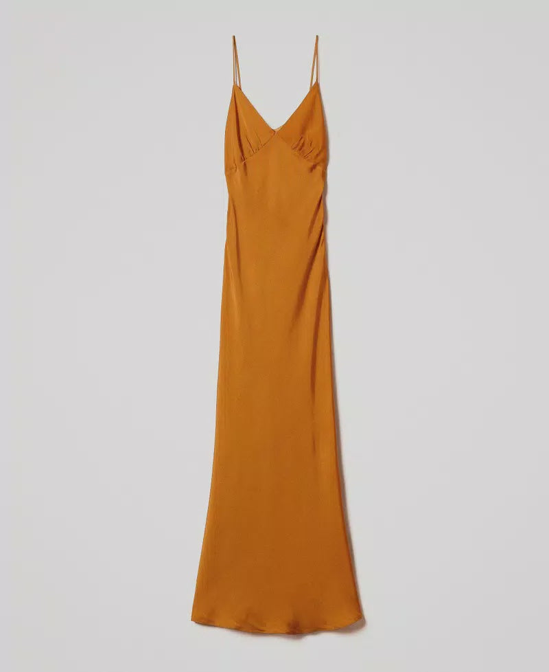 Long satin dress with thin shoulder straps