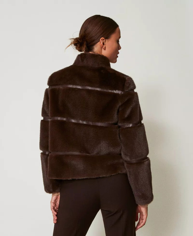 Short faux fur coat with inlays