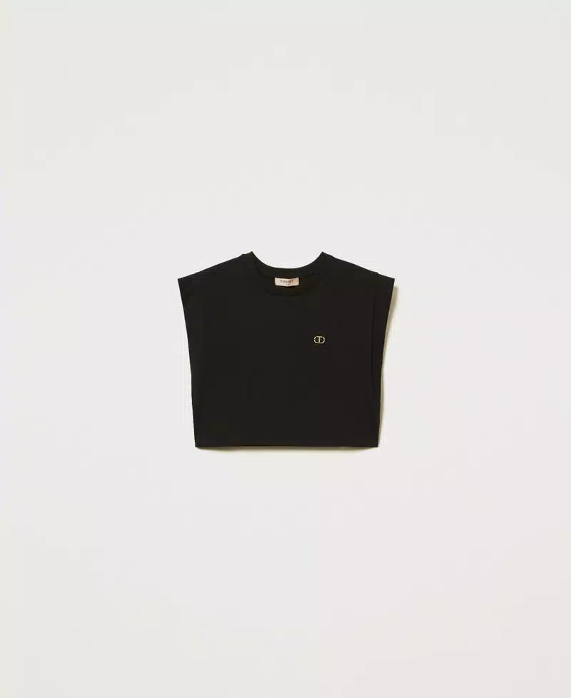 Cropped t-shirt with a rhinestone Oval T logo