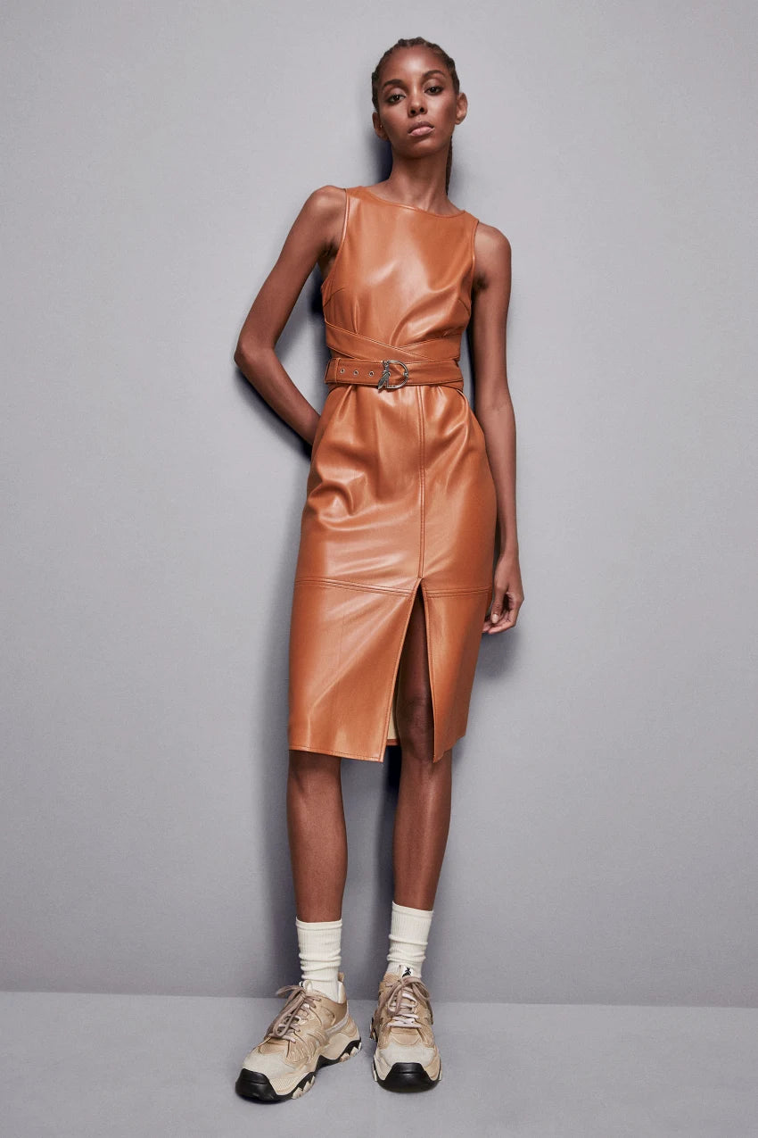 Caramel Imitation Leather Dress